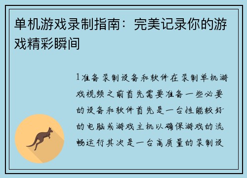 单机游戏录制指南：完美记录你的游戏精彩瞬间